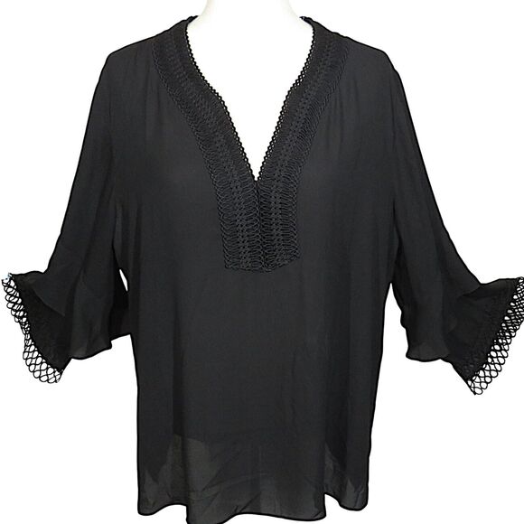 Sioni Black Georgette Flowy Crochet Trimmed V Neck Blouse Size XL - Picture 1 of 7